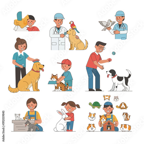 Diverse people and pets interacting, vet care, and animal adoption scenes