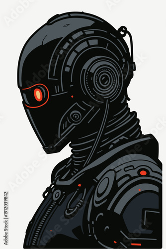 Dark android profile with a glowing red optic and tightly layered cybernetic plating presents a cold futuristic sentry whose minimal black armor suggests surveillance danger and machine precision.
