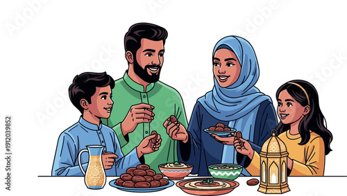 Illustration of a Muslim family happily breaking their fast during Ramadan, isolated on a white background