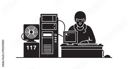 Man silhouette working on computer with server racks and cooling fan number 117 in a data center for IT specialist or network administration concept vector illustration