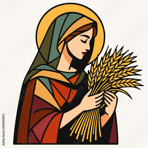 A haloed harvest woman cradling wheat in stained glass style colors evokes a sacred autumn icon whose gentle profile suggests gratitude abundance and old world devotion in a chapel like composition.
