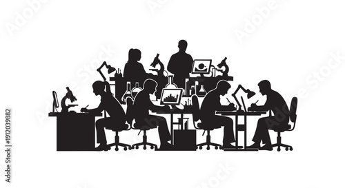 Group of diverse scientists silhouettes conducting research in a bustling laboratory environment using microscopes and computers for collaborative scientific work vector illustration