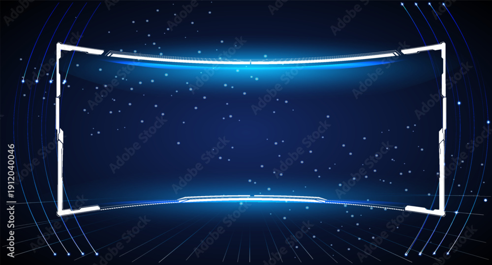 Obraz premium The scene shows a blue digital background with illuminated lines creating a frame effect. Small particles appear to float in the background, adding depth to the design.