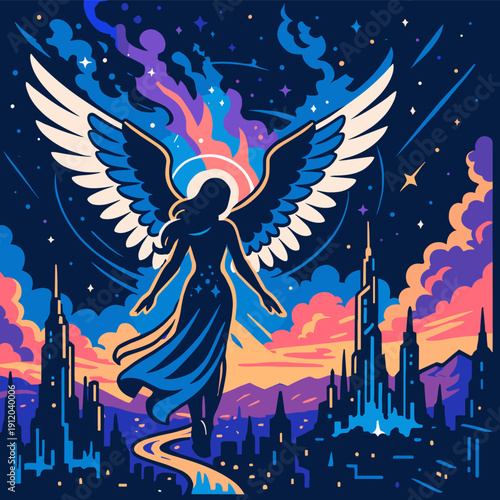 Celestial Angel Rising Above Neon Skyline at Cosmic Dusk