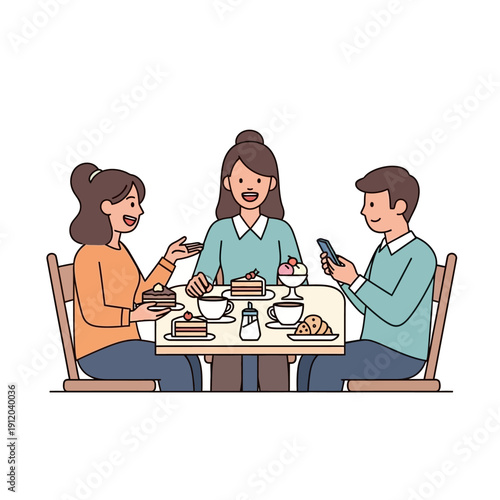 Friends enjoying coffee and cake at a cafe table, one using a smartphone