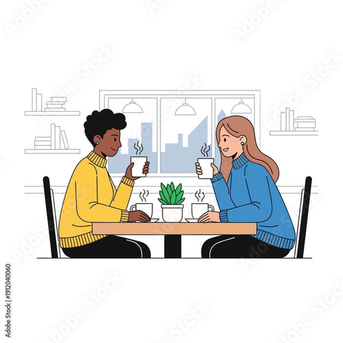 Two friends enjoying coffee at a cafe, chatting and smiling