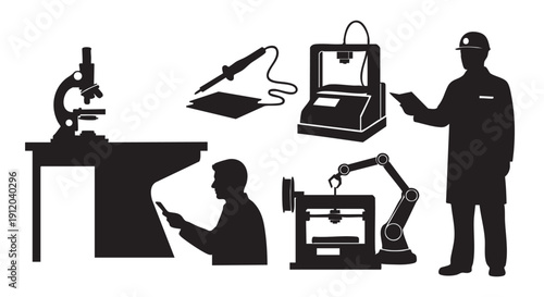 Industrial engineering silhouette collection featuring 3d printer and robotic arm with technician wearing safety helmet and manufacturing professional working with high technology tools in factory