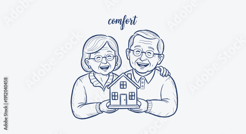 Happy elderly couple holding a home symbolizing comfort and security in a linear style