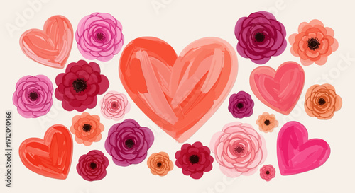 Vibrant hearts and roses pattern with hand-painted style for romantic and festive design