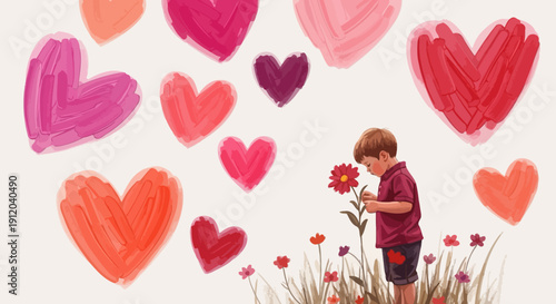 Boy with flower and painted hearts in pastel colors
