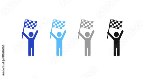 Finish Line Triumph: A series of vibrant minimalist illustrations portrays stick figures triumphantly waving checkered flags, symbolizing achievement and the thrill of crossing the finish line.