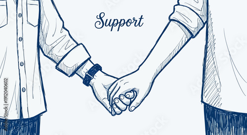 Hand-drawn support: two hands holding in comforting gesture
