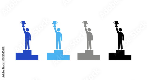 Achievement Icons: A minimalist icon set showcasing individual figures triumphantly holding up trophies, each symbolizing personal success and goal attainment.