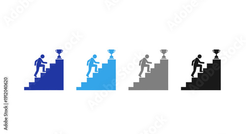 Ascent to Triumph: A graphic illustration depicting a figure ascending a staircase towards a trophy, symbolizing achievement, ambition, and the journey to success. 