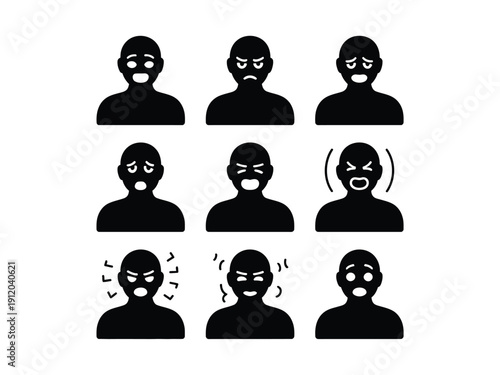 A set of black silhouettes depicting various angry and frustrated facial expressions on people