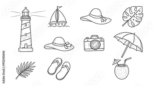 Fotografie Summer Time Vacation Items: A collection of various vacation essentials, perfect for a sunny day at the beach or a seaside adventure