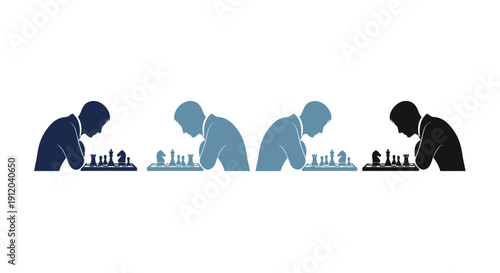 Chess Strategy: Silhouette depictions of strategic chess play showcase a thoughtful player pondering their next move, emphasizing focus and intellectual engagement.