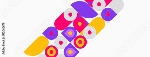 Abstract colorful shapes overlap, creating dynamic visual pattern. Circles, rectangles dominate composition. Bright hues attract attention.