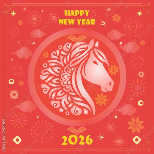 Happy New Year 2026 ornamental horse head medallion on red and gold background