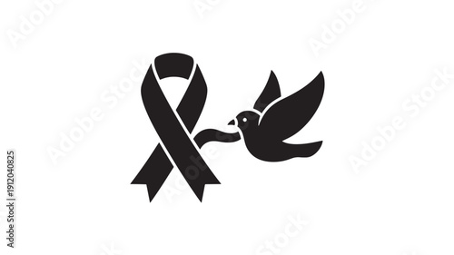 Black Ribbon with Dove Symbolizing Peace and Mourning on White Background