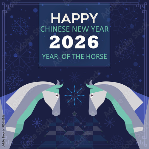Happy Chinese New Year 2026 two geometric horses facing each other on dark blue background