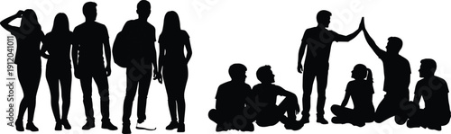 Large collection of black silhouette figures showing a group of students standing with backpacks and friends sitting on the ground giving high five.