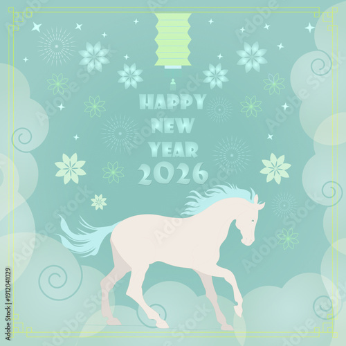 Happy New Year 2026 trotting white horse with lantern and flowers on mint green background