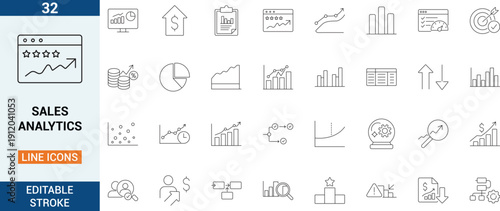 Outline sales analytics icon set showing charts, KPIs, forecasting, revenue growth and performance metrics. Clean strokes, white background, perfect for dashboards.