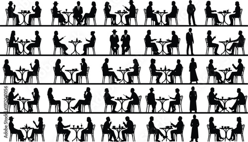 Large collection of black silhouette figures of various people carrying heavy bags, luggage, flowers, and tools while walking or standing in different poses.