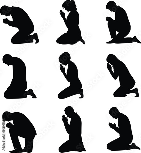 Set of kneeling praying people silhouettes collection, men and women in devotion poses, faith spirituality and prayer concept, black minimal vector illustration isolated on white