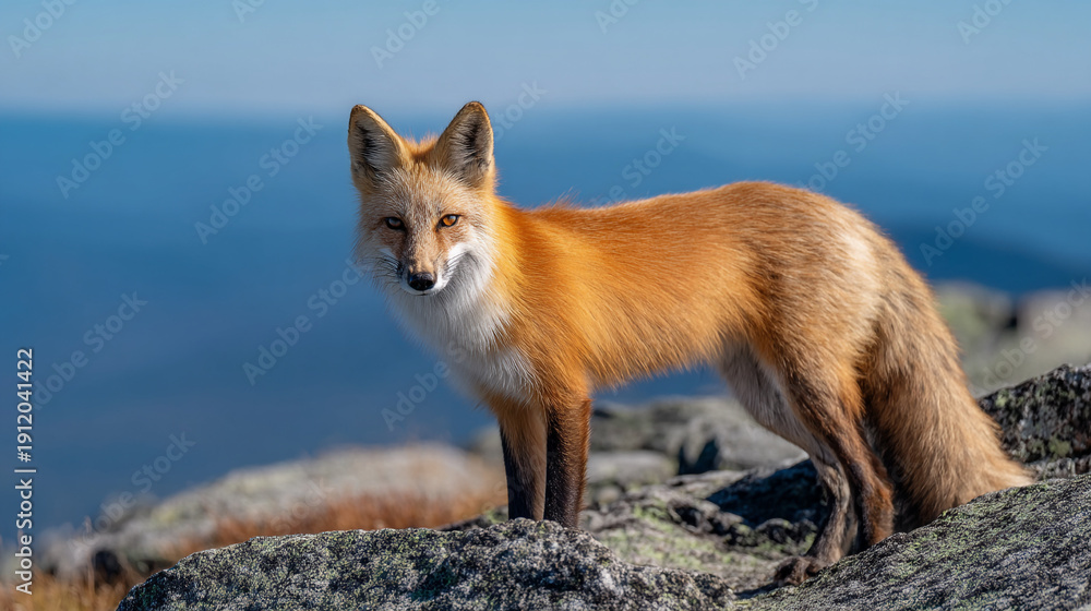 Fototapeta premium A wild red fox with bright eyes pauses on a rocky outcrop.