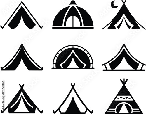 Set of camping tent silhouettes collection, outdoor shelter icons for travel and adventure, camping and hiking equipment symbols, black minimal vector illustration isolated on white