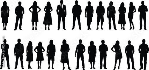 Large collection of diverse people silhouettes standing in rows featuring men and women in casual business and formal attire for community vector design.