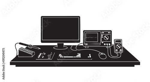 Electronics engineering workstation silhouette featuring desktop computer monitor oscilloscope multimeter soldering iron and circuit board components for hardware development and repair projects