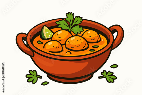 Creamy Meatball Curry Soup in Rustic Bowl with Lime and Fresh Parsley