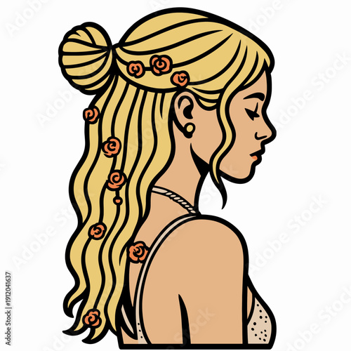 Elegant Blonde Woman Profile with Floral Hair Accessories and Soft Romantic Styling