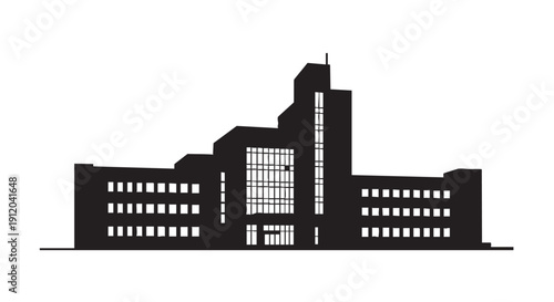Modern institutional building silhouette featuring multiple windows and a distinct architectural design suitable for corporate, educational, or governmental uses vector