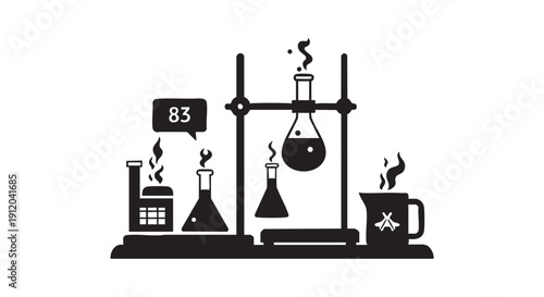 Chemical experiment setup silhouette with various flasks, a retort stand, beaker, and smoking elements, depicting scientific research and industrial processes vector