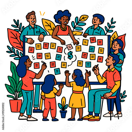 Community planning workshop, diverse group around board, colorful sticky notes, teamwork session