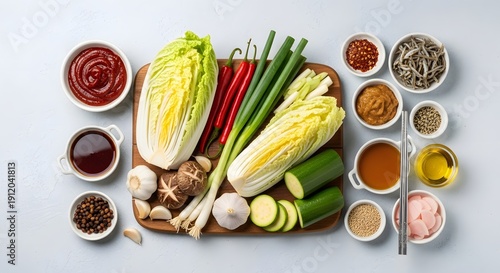 A collection of fresh ingredients used to create a vibrant kimchi dish, carefully arranged on a wooden board