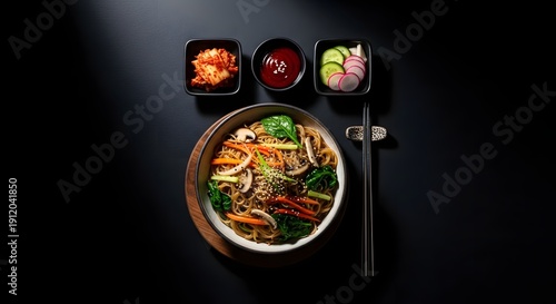 Delicious Korean bibimbap and side dishes, artfully arranged on a dark surface. The image highlights the textures and colors of the ingredients