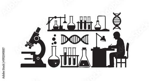 Scientist working in laboratory with microscope, DNA models, test tubes, and desk lamp, conducting research and experiments, scientific discovery and analysis process