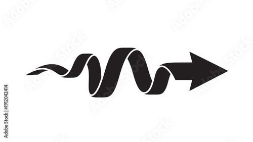 Black Ribbon Shaped Arrow Moving Forward on White Background, Dynamic Motion Graphic Element