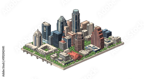 Isometric 3D illustration of a modern cityscape with skyscrapers and buildings on a green base against a white background.