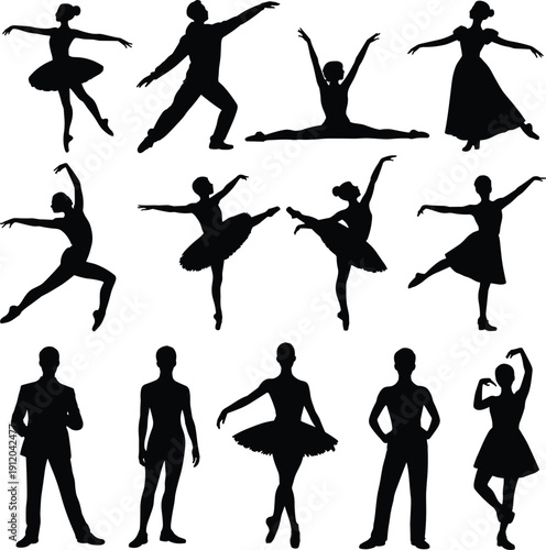 Set of ballet dancer silhouettes collection, male and female classical dance poses, graceful movement and performance art, black minimal vector illustration isolated on white
