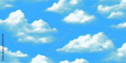 Halftone cloud background. White dotted clouds in blue sky. Comic pop art heaven wallpaper for banner, collage, poster, leaflet, brochure. Rasterized smoke, smog or fog texture. Vector illustration