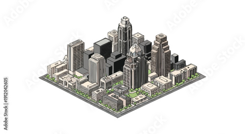 Isometric 3D illustration of a modern cityscape with sleek skyscrapers and buildings on a square base with green spaces, against a clean white background.