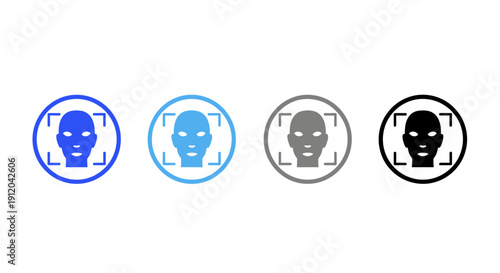 Face Recognition Icons: A set of four different colored icons representing face recognition technology, with a focus on security, identity verification, and access control.