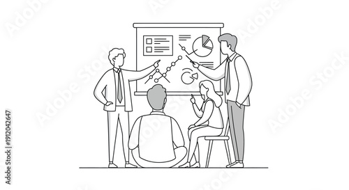 Business team collaborating around a whiteboard presentation analyzing marketing charts and data points during a focused corporate strategy meeting session