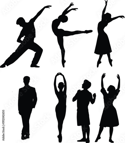 Set of dancing people silhouettes collection, male and female dancers in expressive poses, ballet and modern dance movement, black minimal vector illustration isolated on white